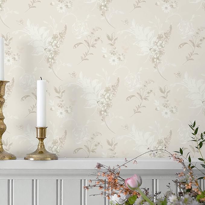 Heroad 17.3inx32.8ft Beige Wallpaper Floral Peel and Stick Wallpaper Delicate Flower Contact Paper for Cabinets Drawers Waterproof Removable Wall Paper Self Adhesive Stick on Walls Decor Vinyl Roll