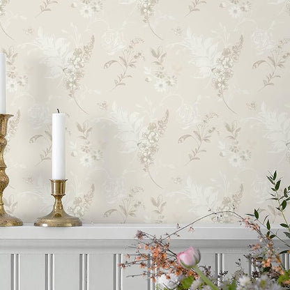 Heroad Beige Wallpaper Floral Peel and Stick Wallpaper Delicate Flower Contact Paper for Cabinets Drawers Waterproof Removable Wall Paper Self Adhesive Stick on Walls Decor Vinyl Roll 17.3''x78.7''