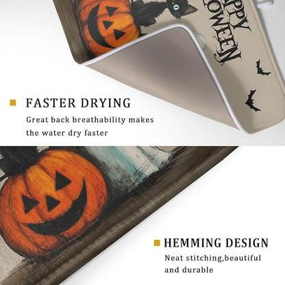 Happy Halloween Black Cat Ghost Dish Drying Mat for Kitchen Counter,Halloween Pumpkin Spiderweb Bat Drying Mat 18 x 24 Inch with High Absorbent Microfiber Drainer Mat for Coffee Bar