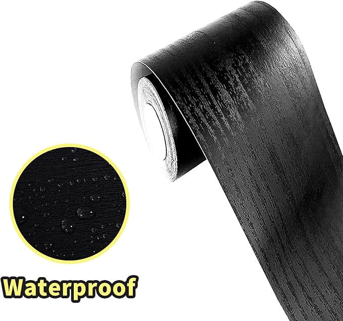 Teemall 10M Black Wood Grain Removable PVC Waterproof Border Wall Decor Removable Self Adhesive Kitchen Bathroom Tiles Sticker Wallpaper 4.2x390 (Black, 4" x 390")