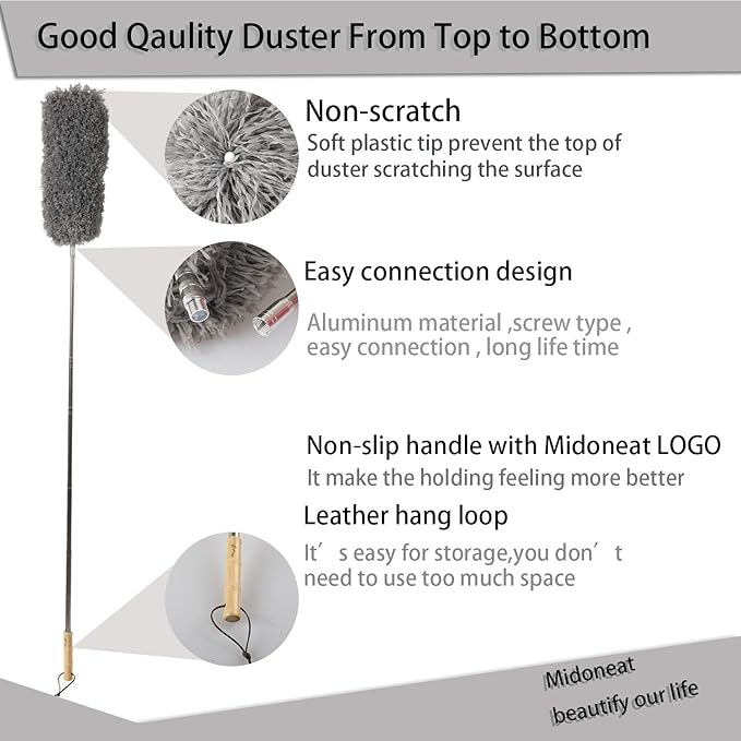 Midoneat Lambswool and Microfiber Duster, 2 Counts, Long Reach/Extendable Duster Up to 86" for Cleaning High Ceiling Fan, Interior Roof, Cobweb, Keyboard, Furniture