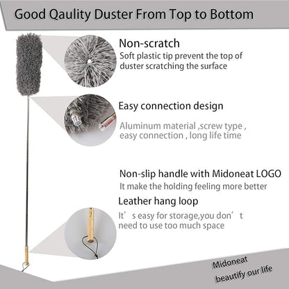 Midoneat Lambswool and Microfiber Duster, 2 Counts, Long Reach/Extendable Duster Up to 86" for Cleaning High Ceiling Fan, Interior Roof, Cobweb, Keyboard, Furniture
