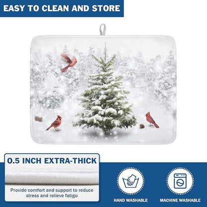 Winter Forest Dish Drying Mat for Kitchen Counter Silvery White Pine Trees Snow Snowflake Drying Mat 18x24 Inch Holiday Absorbent Dish Drainer Mat Kitchen Accessories