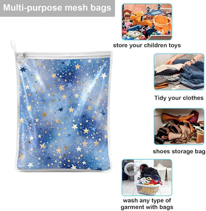 Mesh Laundry Bags Lingerie Bags for Washing Delicates 2 PCS Durable Wash Bag with Zipper Small and Medium Washable Blue Romantic Golden Stars