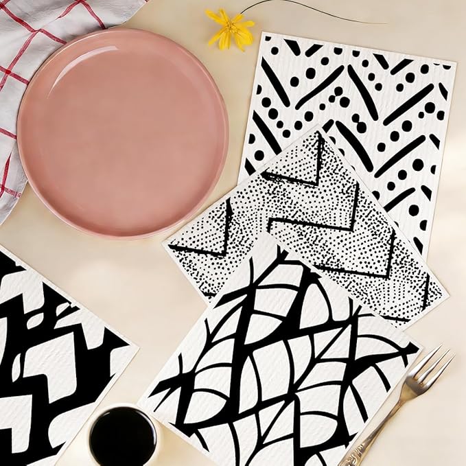 6 Pack Swedish Reusable Kitchen Dishcloths, Black White Geometric Cellulose Sponge Cloths, Washable Absorbent No Odor Eco Towels, Dish Washing Cleaning Supplies
