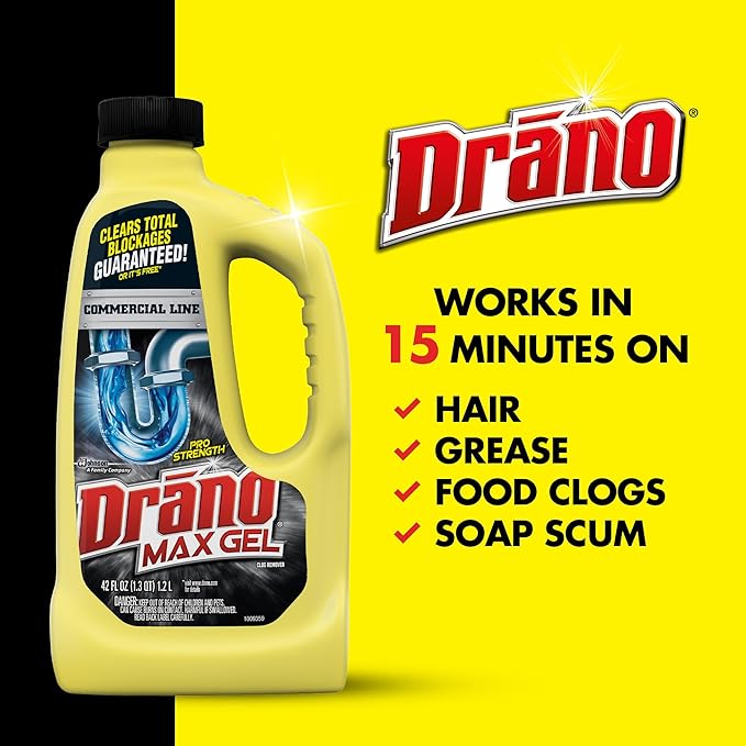 Drano Max Gel Drain Clog Remover and Cleaner for Shower or Sink Drains, Unclogs and Removes Hair, Soap Scum, Blockages, Commercial Line, 42 oz