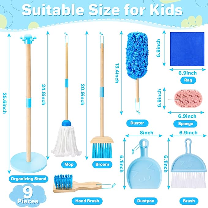 WHOHOLL 9 Pcs Wooden Kids Cleaning Toy Set, Cleaning Toys for Toddlers 3-6, Housekeeping Play Set Includes Broom Mop Duster Dustpan Sponge and Organizing Stand, Christmas Birthday Gifts for Boys Girls