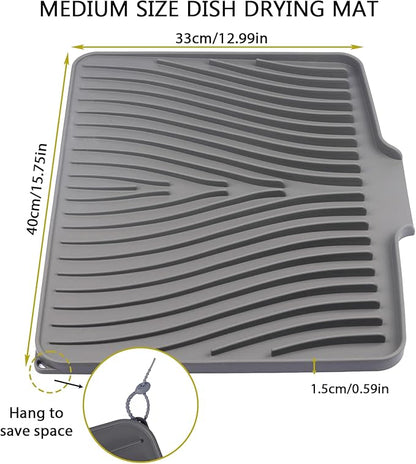 Silicone Drying Mat, 16"X13" With Built-in Drain Lip,Heat-Resistant,Eco-friendly,Hygienic Drying Pad,Leak-Proof and Non-Slip,Silicone Dish Drying Mat for Kitchen Counter or Sink（Gray 16X13）