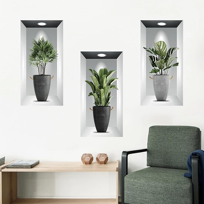 Tanlaby 3 Pack Green Plants Wall Stickers 3D Realistic Potted Plant Wall Decals Self-Adhesive Mural Removable Natural Art Sticker for Office Living Room Bedroom Art Room Sofa Backdrop Decor