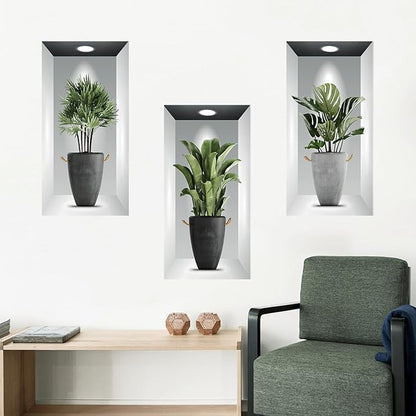 Tanlaby 3 Pack Green Plants Wall Stickers 3D Realistic Potted Plant Wall Decals Self-Adhesive Mural Removable Natural Art Sticker for Office Living Room Bedroom Art Room Sofa Backdrop Decor