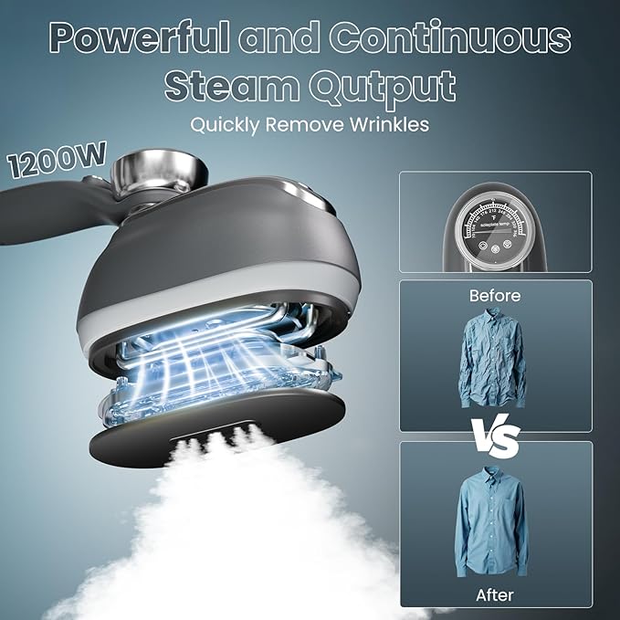Killrose Steamer for Clothes, 2 in 1 Clothes Steamer Handheld, 1200W Steam Iron, 3 Level Thermometer Display Dashboard Travel Iron, 180° Rotatable Portable Handheld, Heat Up, Water Tank, 120V