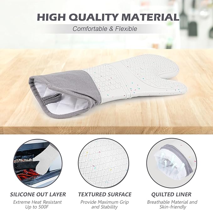 Extra Long Oven Mitts and Potholders 6Pcs Set, 500°F Heat Resistant Kitchen Oven Gloves 15'' Oven Mitts with Non-Slip Silicone Surface Soft Cotton Lining for Cooking, Baking and Grilling - Light Grey