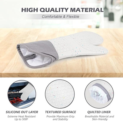 Extra Long Oven Mitts and Potholders 6Pcs Set, 500°F Heat Resistant Kitchen Oven Gloves 15'' Oven Mitts with Non-Slip Silicone Surface Soft Cotton Lining for Cooking, Baking and Grilling - Light Grey