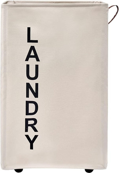 92L Large Laundry Hamper with Leather Handle,Standable Laundry Basket with Wheels ,Large Hamper,Rolling Laundry Basket White