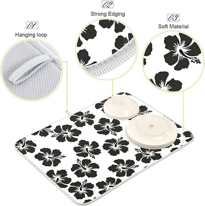 Tropical Hawaiian Hibiscus Flowers Dish Drying Mat for Kitchen Counter Absorbent Microfiber Drying Pad, Medium 16x18 in
