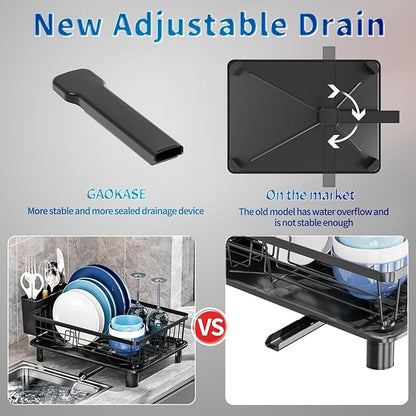 Dish Drying Rack, Stainless Steel-Dish Rack, Dish Racks for Kitchen Counter, Kitchen Dish Drainers with Removable Utensil Holder,New drain outlet,Plate Rack and Drainboard,(Black-11" W x 15" L)