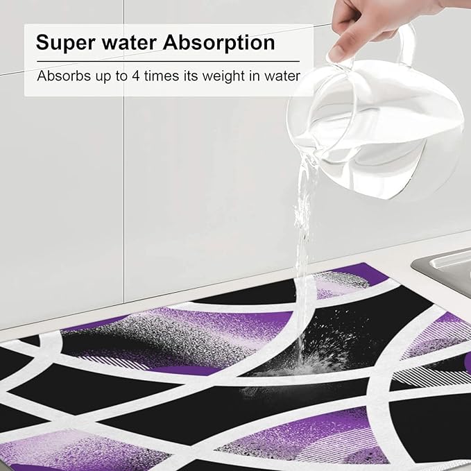 Purple Black White Geometric Abstract Dish Drying Mat for Kitchen Counter & Sink, 18" x 24" Absorbent Microfiber Drying Pad for Dishes, Foldable Modern Art Kitchen Mat for Dishes Small Appliances