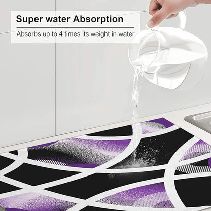 Purple Black White Geometric Abstract Dish Drying Mat for Kitchen Counter & Sink, 18" x 24" Absorbent Microfiber Drying Pad for Dishes, Foldable Modern Art Kitchen Mat for Dishes Small Appliances