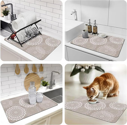 LuxStep Dish Drying Mat Super Absorbent Kitchen Counter Mat Rubber Backing Draining Mat Easy to Clean Kitchen Accessories Dish Rack Pad for Dishes, Utensils, Countertops, Sinks 16" x 24" Khaki