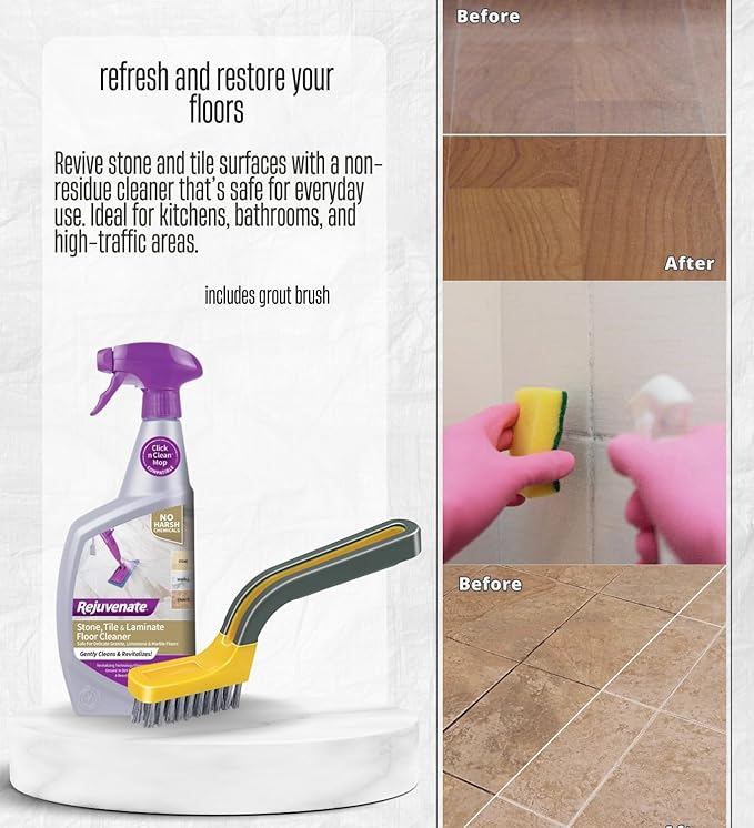 Rejuvenate Laminate Floor Cleaner 32 oz Liquid Bundle with Scrub Brush – Removes Ground-In Dirt and Stains from Stone, Tile, and Laminate Floors with Streak-Free Shine – Gift Set (2 Items)