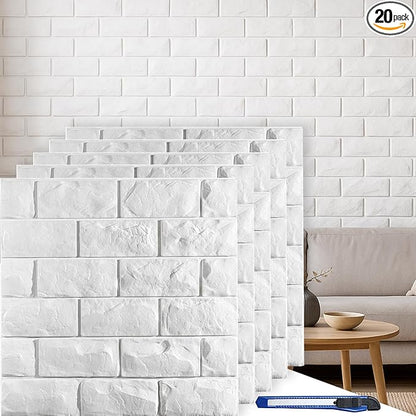 Circloophs 20 Pcs 3D Wall Panels Peel and Stick, White Brick 3D Wallpaper Stick and Peel Self Adhesive Waterproof Foam Faux Brick Paneling for Bedroom, Bathroom, Kitchen, Fireplace (19.38 sq ft)