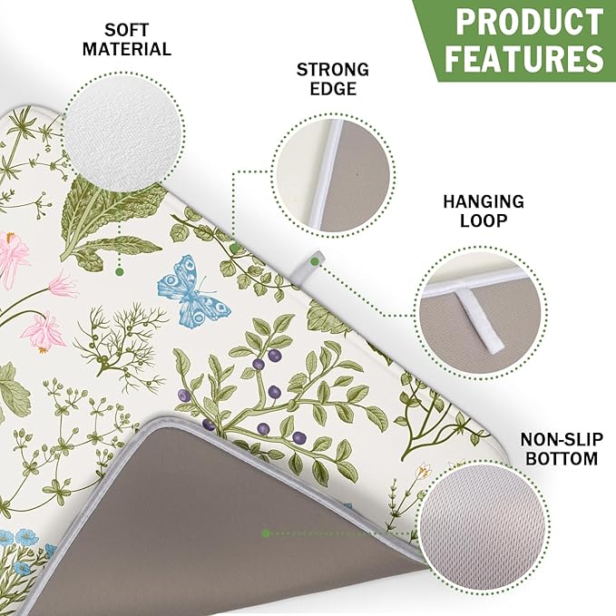 Kawani Wild Flowers Plant Dish Drying Mats for Kitchen Counter 16x18 Inch,Sage Herbs Kitchen Drying Mat,Botanical Plant Dishes Pad Dish Drainer Rack Mats Absorbent Fast Dry Kitchen Accessories