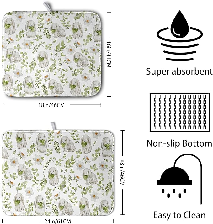 Easter Bunny Floral Drying Mat for Kitchen Counter Spring Easter Rabbits Green Leaves Dry Dish Mat Absorbent Microfiber Dish Draining Washable Dish Drainer Rack Mat 16x18 Inch