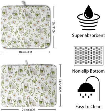Easter Bunny Floral Drying Mat for Kitchen Counter Spring Easter Rabbits Green Leaves Dry Dish Mat Absorbent Microfiber Dish Draining Washable Dish Drainer Rack Mat 16x18 Inch