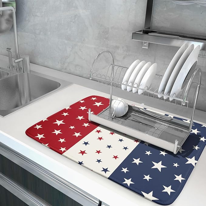 Blue Red White Star July of 4th Patriotic Dish Drying Mat for Kitchen Counter 18x24 Independence Day Absorbent Reversible Microfiber Drying Mats Kitchen Countertop Protector Dishes Drainer Rack Pad