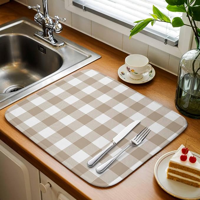 Dish Drying Mat Khaki Buffalo Check Plaid Drying Mats for Kitchen Counter Farmhouse Style Absorbent Microfiber Dish Drainer Quick Drying Coffee Mat with Hanging Loop, 16 x18 inch