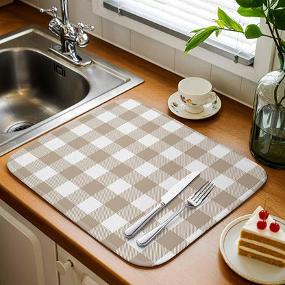 Dish Drying Mat Khaki Buffalo Check Plaid Drying Mats for Kitchen Counter Farmhouse Style Absorbent Microfiber Dish Drainer Quick Drying Coffee Mat with Hanging Loop, 16 x18 inch