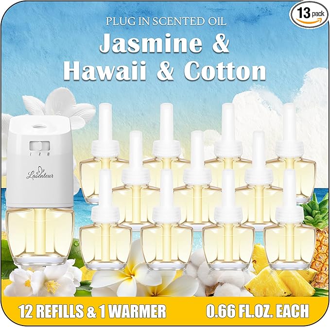Plug In Air Freshener Refills Starter Kit – 12 Pack Wall Plug In Refills with 1 Adjustable Warmer, Jasmine, Hawaiian, Cotton Scents, Odor Eliminator for Home, Bathroom, Room, House