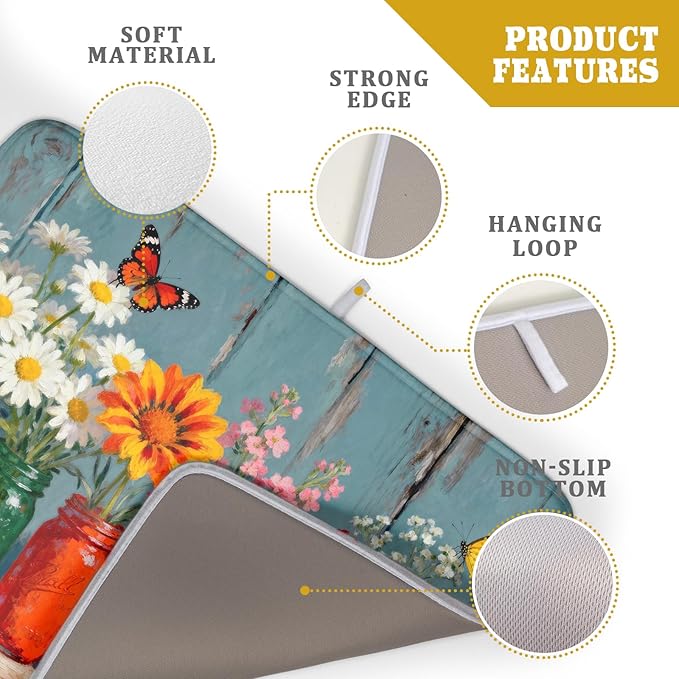 Spring Summer Floral Dish Drying Mat for Kitchen Counter 18x24 Flower Bottle Butterfly Woodgrain Seasonal Absorbent Reversible Microfiber Drying Mats Kitchen Countertop Protector Dishes Drainer Pad