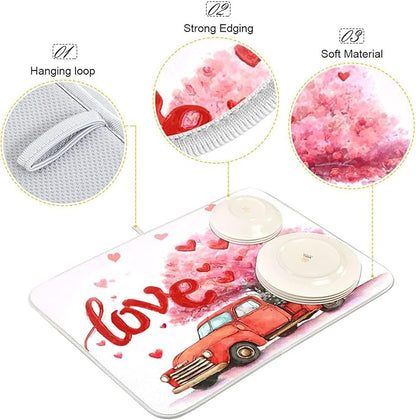 Valentine’s Day Love Tree Dish Drying Mat for Kitchen Countertop 16x18 Happy Valentines Day Gnomes White Small Drying Mat Reusable Quick Dry Dish Sink Mats Easy Clean Decorative Essentials