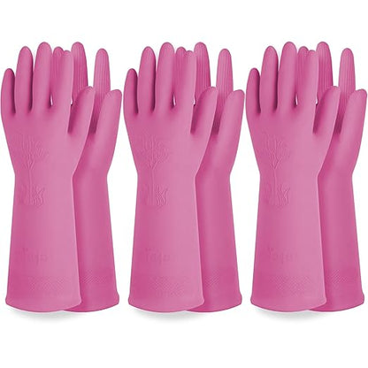 Reusable Waterproof Household Dishwashing Cleaning Rubber Gloves, Non-Slip Kitchen Glove (Pink, Small (Pack of 3))