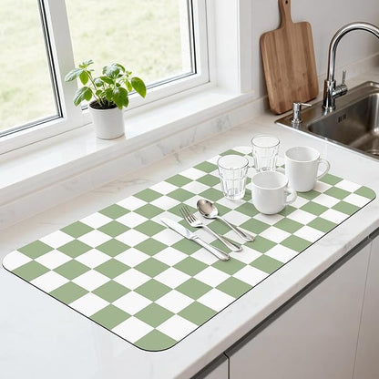 17" x 32" Checkered Dish Drying Mat for Kitchen Counter, Absorbent Coffee Bar Mat for Espresso Machine Coffee Countertops Accessories (Green)
