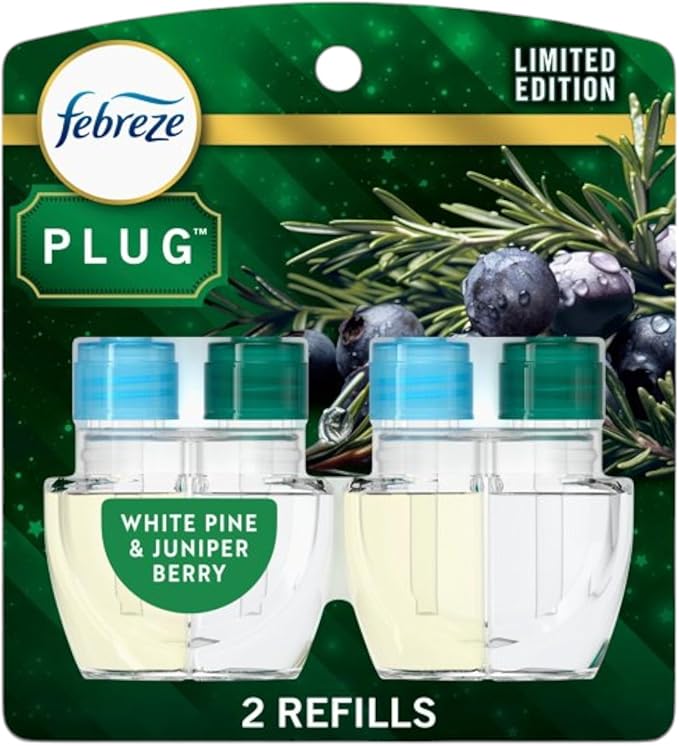 Febrezee Plug In Refills New Edition Plug In for Odor-Fighting Fade Defy PLUG Air Freshener, (2) Count of 0.87 fl oz Refills (White Pine & Juniper Berry)