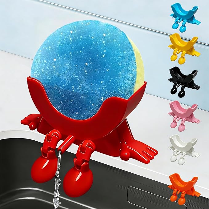 Cute Hanging Sponge Holder with Drainage,3D Printed Kitchen Funny Sponge Stand for Sink,with non-slip pads,Suitable for Scrub Daddy Holder,Keeps Your Sponge Dry Smiling (Red)