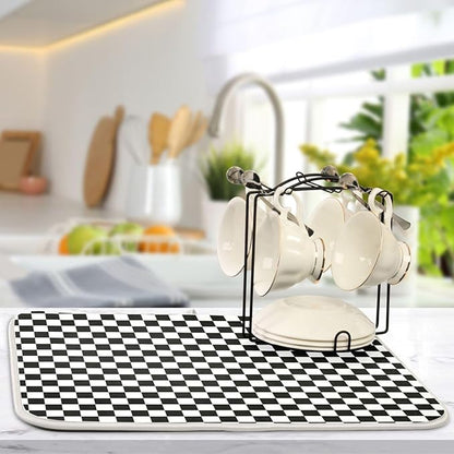Black White Checkered Pattern Dish Drying Mat for Kitchen Counter Absorbent Microfiber Drying Pad, Large 18x24 in, Reversible Drainer Mats