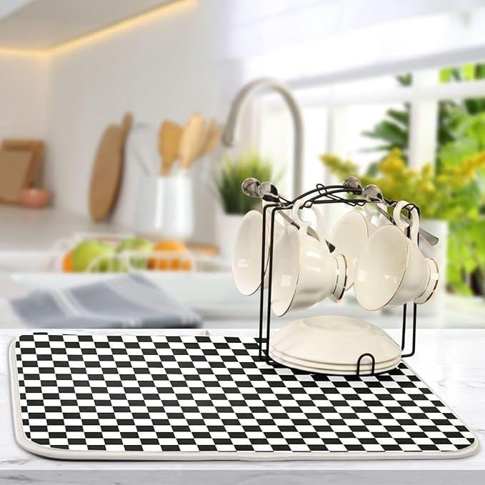 Black White Checkered Pattern Dish Drying Mat for Kitchen Counter Absorbent Microfiber Drying Pad, Medium 16x18 in, Reversible Drainer Mats
