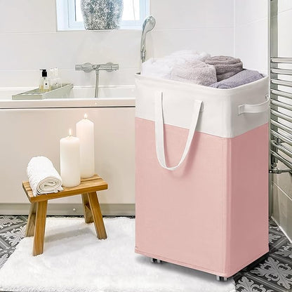 Goodpick Laundry Basket with Wheels 2-Pack, 75L Tall Clothes Hamper, Large Laundry Basket with Removable Wash Bag for Corner Dorm, Rolling Hamper, Pink&White