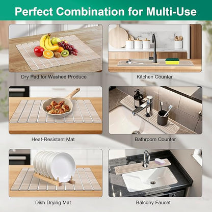 Stone Drying Mat for Kitchen Counter, 24"x16" Water Absorbing Dish Drying Mat with 24"x4" Faucet Mat for Kitchen Sink, Diatomaceous Earth Quick Dry Stone Mats for Dishes Bottles Cups (Wood Grain)