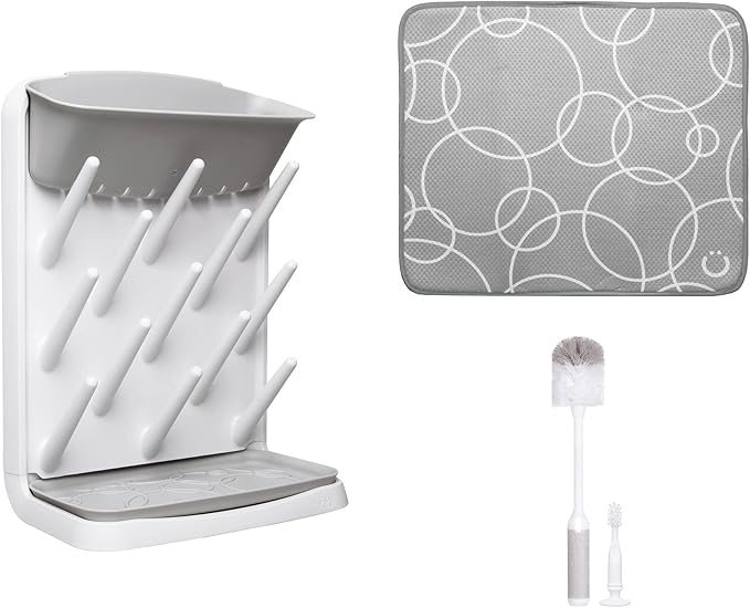 Ubbi Vertical Spacing Saving Bottle Drying Rack with 13 Pegs, 2-in-1 Bottle Brush & Microfiber Drying Mat Bundle, Newborn Baby Essentials, Baby Registry Must Haves, New Parent Gifts, Gray