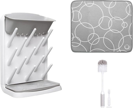 Ubbi Vertical Spacing Saving Bottle Drying Rack with 13 Pegs, 2-in-1 Bottle Brush & Microfiber Drying Mat Bundle, Newborn Baby Essentials, Baby Registry Must Haves, New Parent Gifts, Gray
