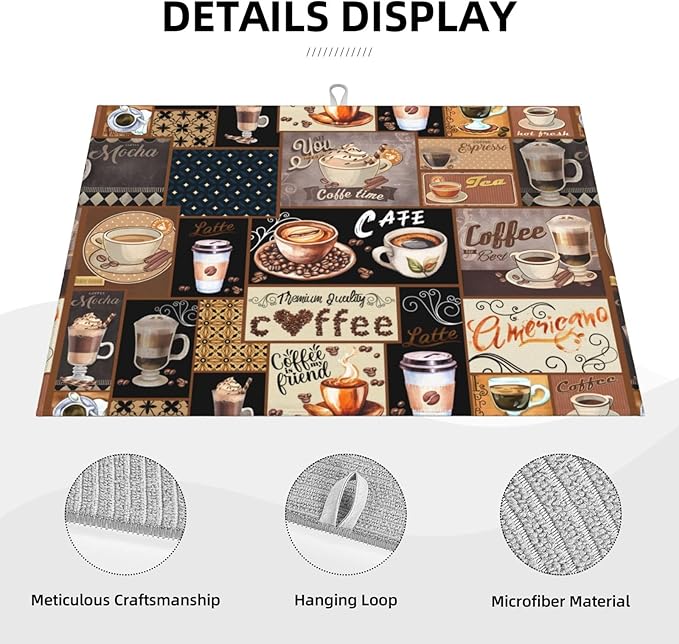 Boho Coffee Dish Drying Mat, Highly Absorbent Microfiber Kitchen Counter Pad Reusable Washable, 18*24"