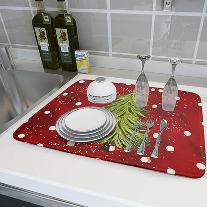 Christmas Tree Dish Drying Mat 18 x 24 Inch With Absorbent Reversible Microfiber Red Green Xmas Snowflake Drying Mats Winter Holiday Dish Drainer Mat Fast Dry For Kitchen Dining Room Decoration