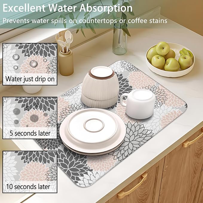 Dish Drying Mat for Kitchen Counter 2 Pack with Non-Slip Rubber Backing - Heat-Resistant Absorbent Coffee Bar Mat, Dish Rack Mat, Pink / Grey Dish Drying Mats 18x24+19.5x12 inch