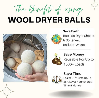 Wool Dryer Balls – 100% New Zealand Wool, Reduces Drying Time, Softens Laundry&Removes Wrinkles, Alternative to Plastic Balls & Natural Fabric Softener, Reusable Eco-Friendly Dryer Balls(Pack of 6 XL)