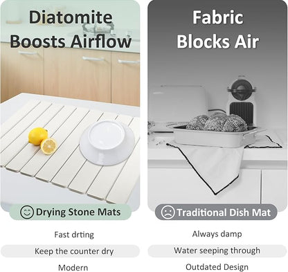 Large Stone Dish Drying Mat for Kitchen Counter, 24"×16" Collapsible Quick Drying Dish Mat, Eco-friendly, Ultra Absorbent Diatomaceous Earth Mats for Dishes Cookware Cups, Match Any Countertop