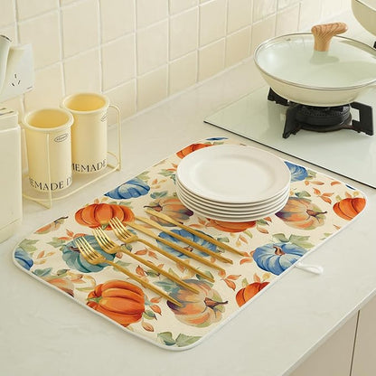 Fall Dish Drying Mat 18x24 Inch Burnt Orange Blue Green Pumpkin Leaves Drying Mat Autumn Harvest Thanksgiving Holiday Absorbent Dish Drying Pad Dish Rack Drainer Mats for Kitchen Dining Counter